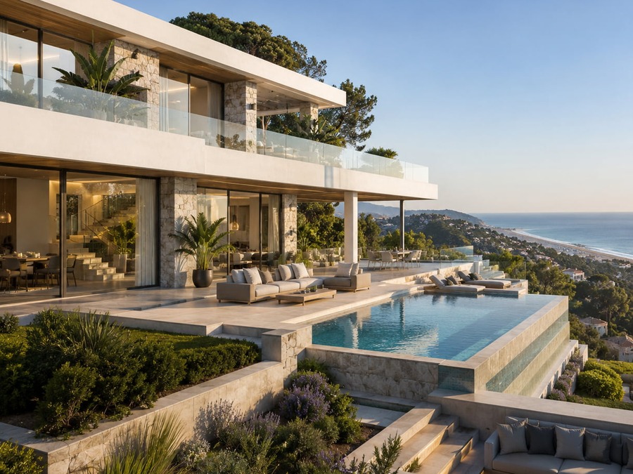 Costa residencial mediterránea con villas y vistas al mar en Castelldefels